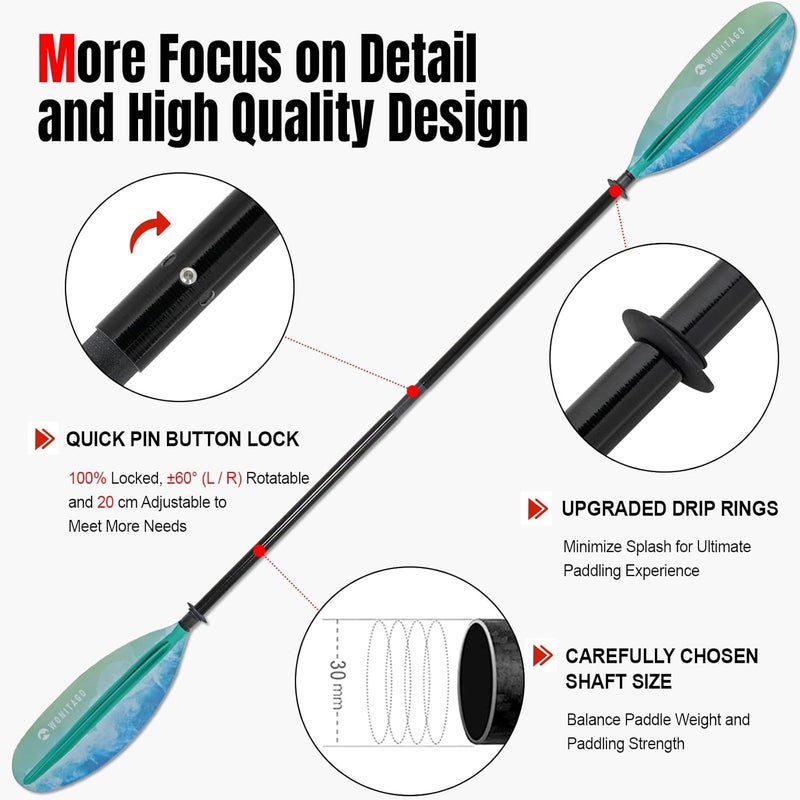 WONITAGO Kayak Paddles with Fiberglass Shaft and Reinforced PP Blade, Floating Adjustable Kayaking Oars, 3 Piece, 220-240 cm/86-94 Inches, 240-260 cm/94-102 Inches - Image 4